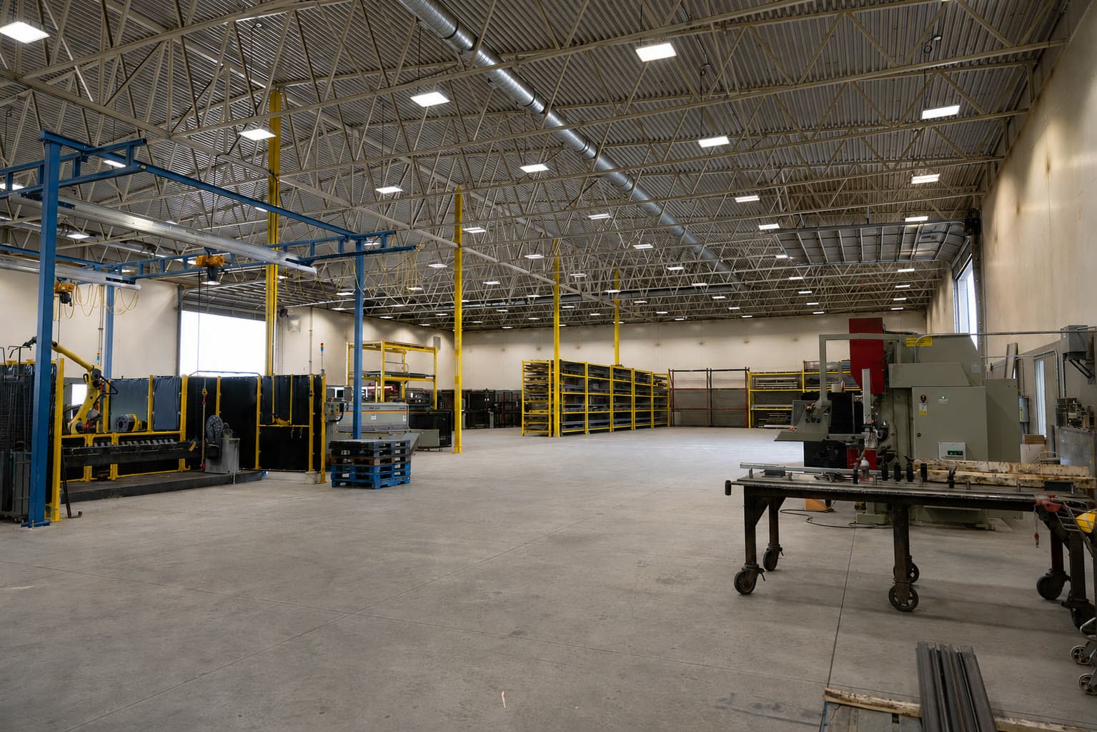 Wide view of Ridgeland's fabrication floor — weld cells, overhead cranes, and racked material