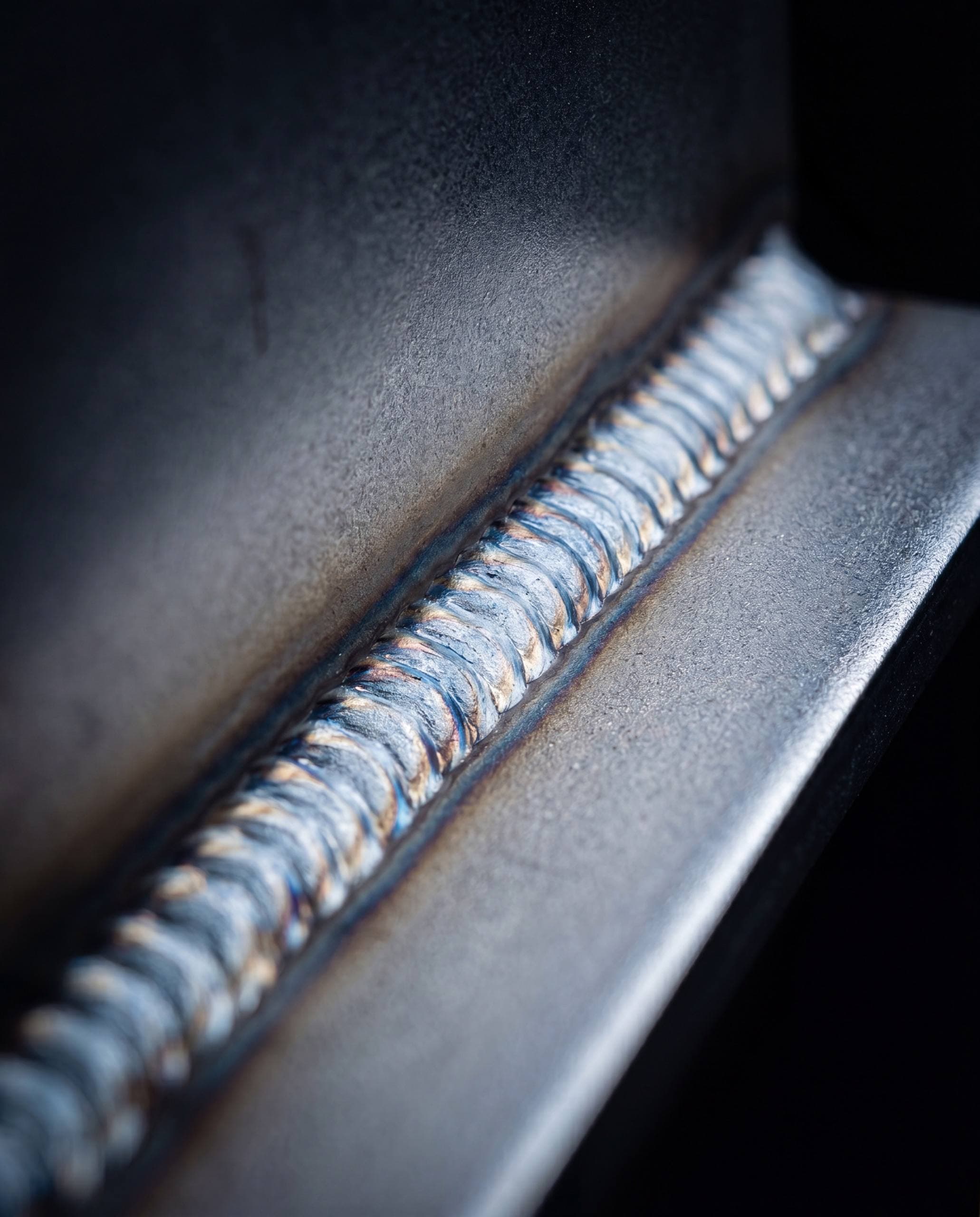 Extreme macro of a uniform stacked-dime weld bead on a steel joint