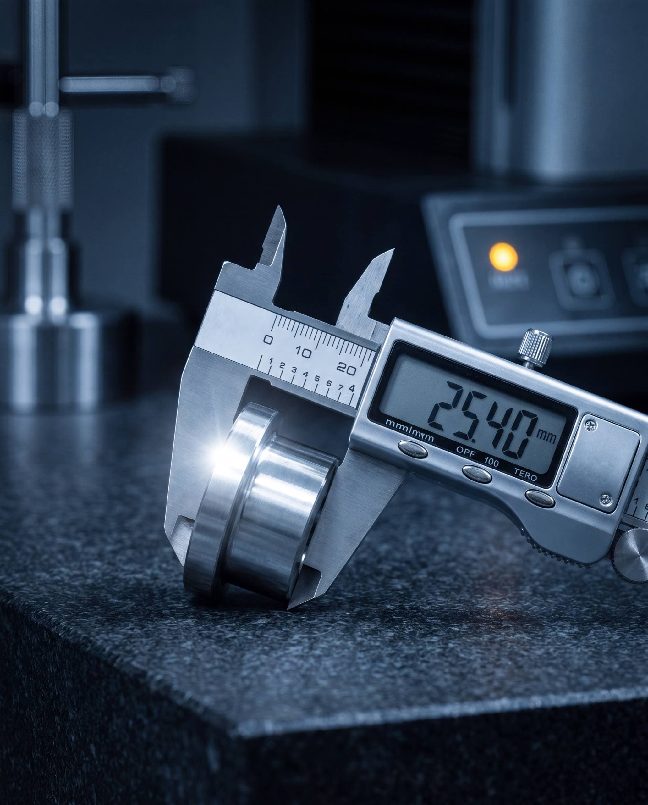 Digital calipers measuring a machined steel part on a granite surface plate